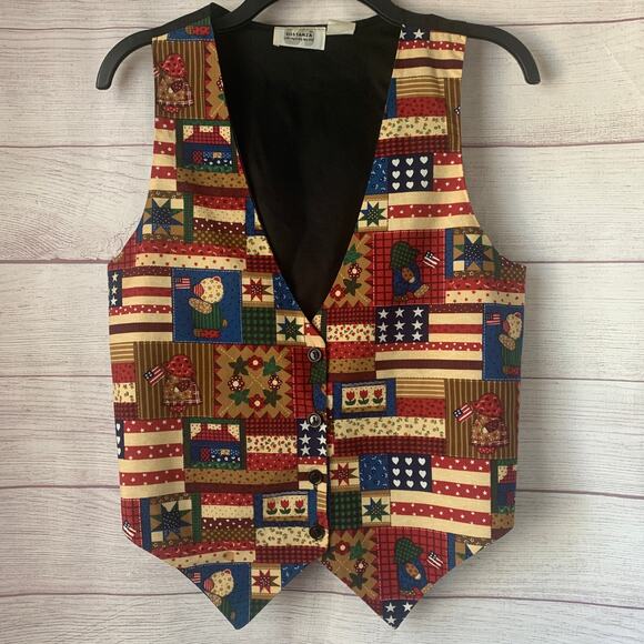 Vintage Sostanza Vest with Patchwork Print Design American Flag Bears Size S/M - Picture 1 of 13